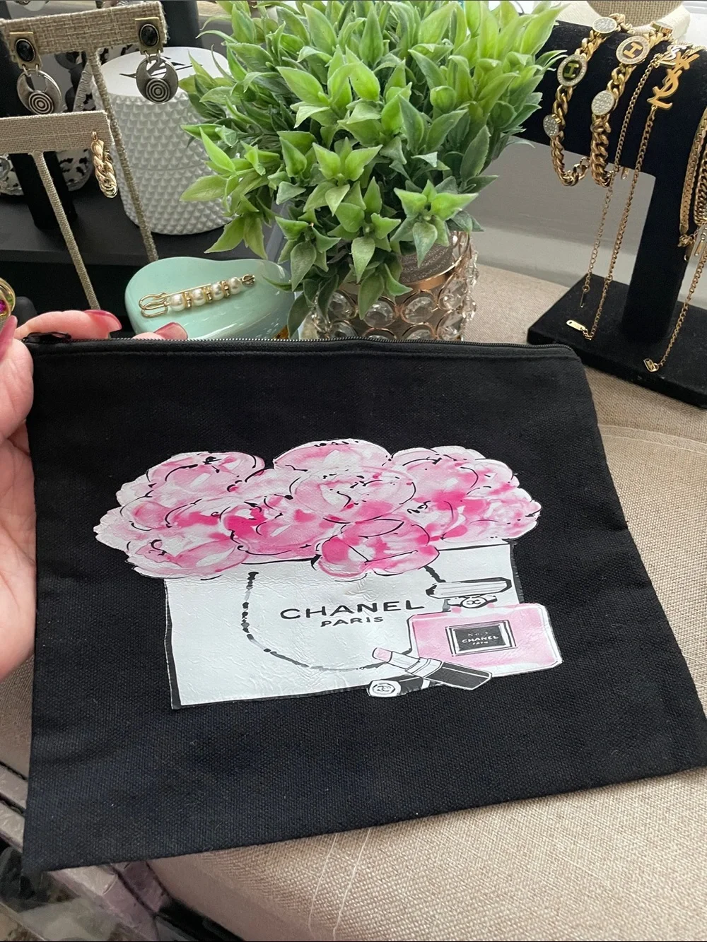 ✨💕Pink Floral Black Canvas Cosmetic Pouch with Floral and Perfume Print💕✨